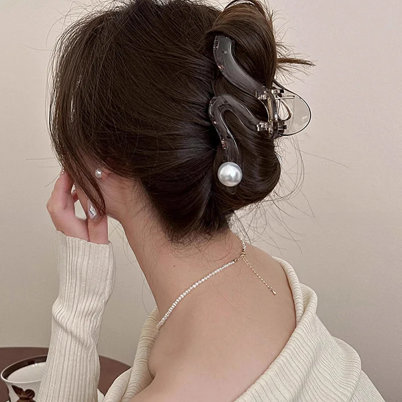 Pinzas para el pelo con perlas onduladas para mujer, horquilla acrílica, pinza para el pelo, accesorios para el cabello, sombreros elegantes para niñas, 4 colores, 13cm