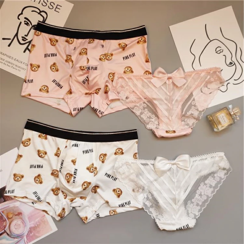 New Couple Panties Set Bear Print Cartoon Printing Underwear Fashion Sexy Lace Ice Silk Fabric Triangle Low Waist Underwear