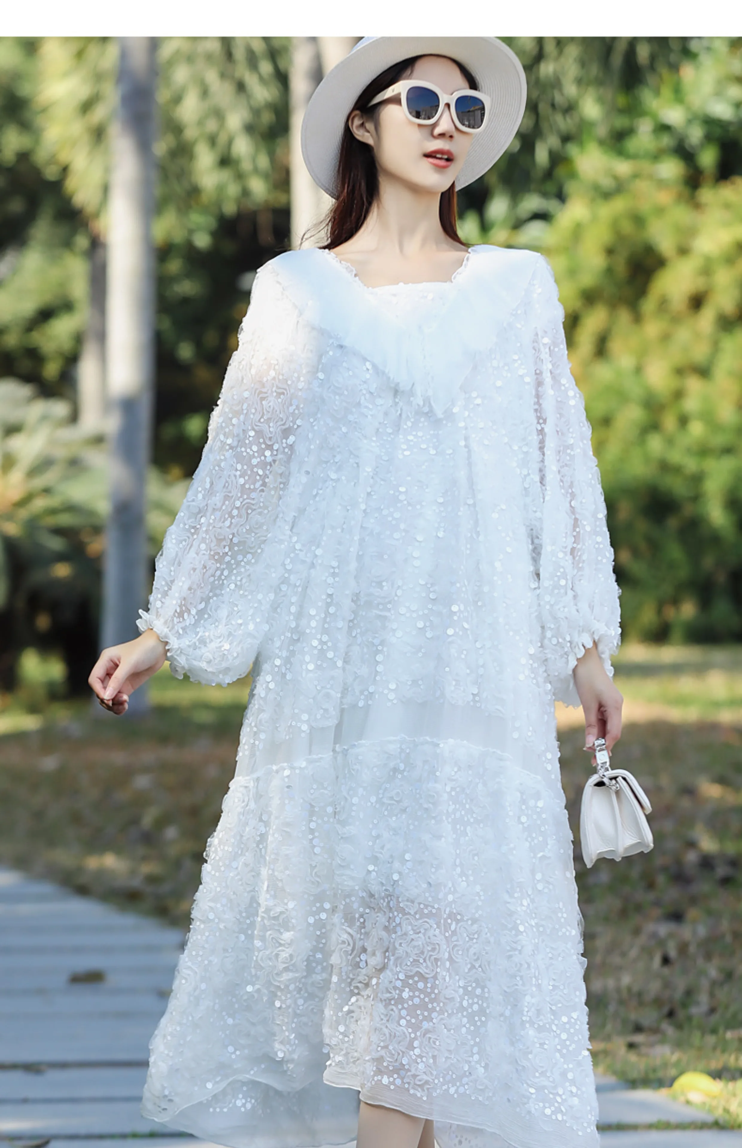 High-End Spring Fashion New Women's V-Neck Spliced Ruffle Edge Embroidery+Beaded Loose Silk Mid length Dress One Size