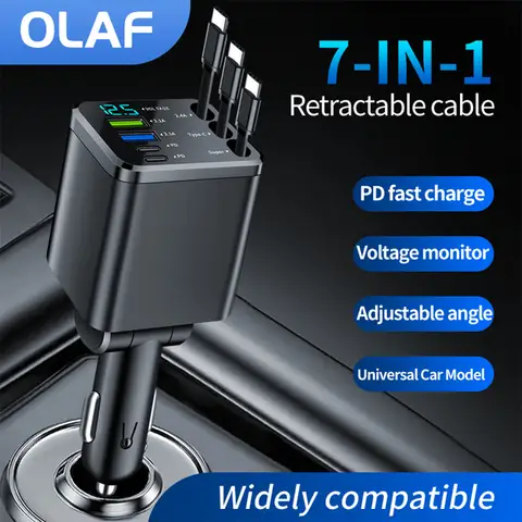 Ładowarka samochodowa Olaf 7 w 1 z wysuwanymi 3 portami USB typu C Ładowarka samochodowa USB szybkiego ładowania do iPhone'a 12 15 16 Samsung USB C do kabelu ios