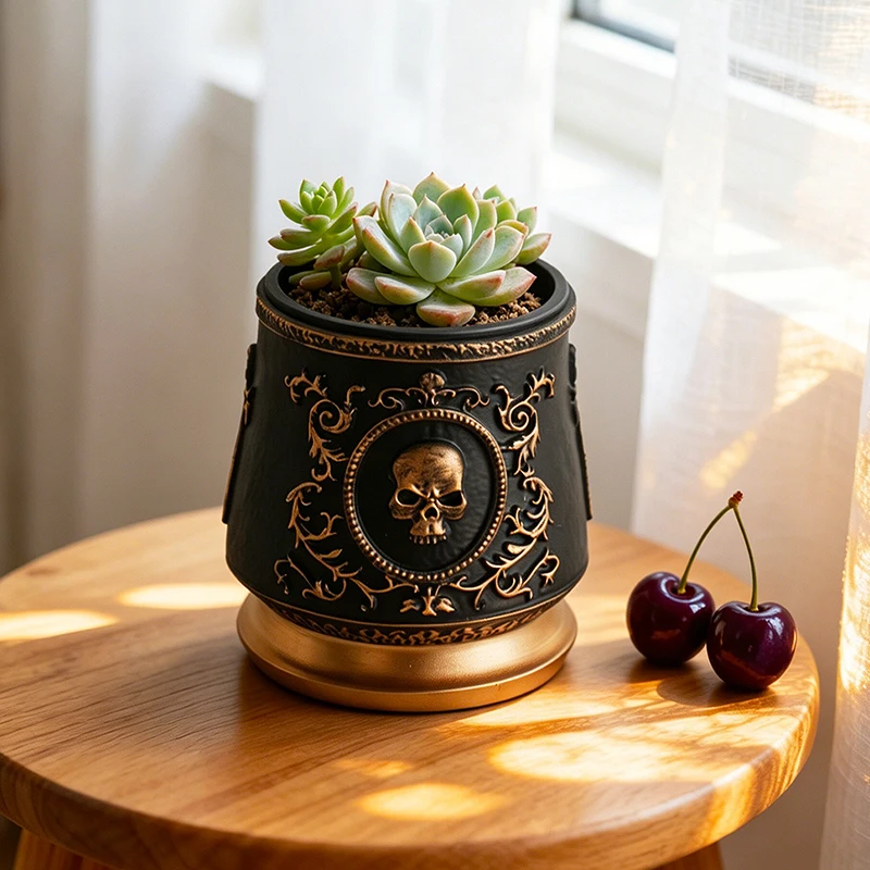 ゴシックスカルエンボスフラワーポットブラックゴールド樹脂プラ - Snake Plant Ceramic のレビューと価格