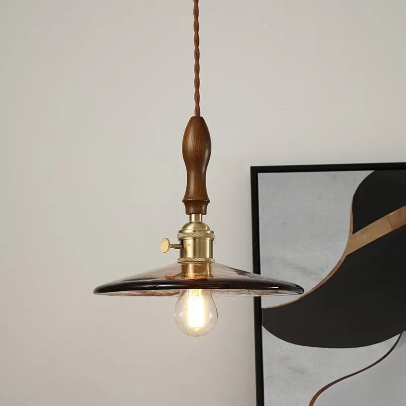 Nordic Ins Brass Walnut Amber Patterned Glass Chandelier for Homestays, Bay windows, Restaurants, Bedside Bar Lamps