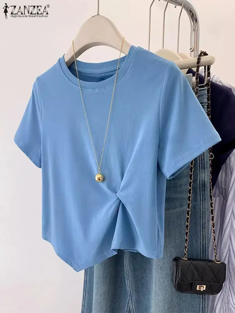 2024 ZANZEA Summer Blouse Women O Neck Short Sleeve Tops Casual Solid Front-Knotted T-Shirts 2024 Korean Stylish Party Blusas