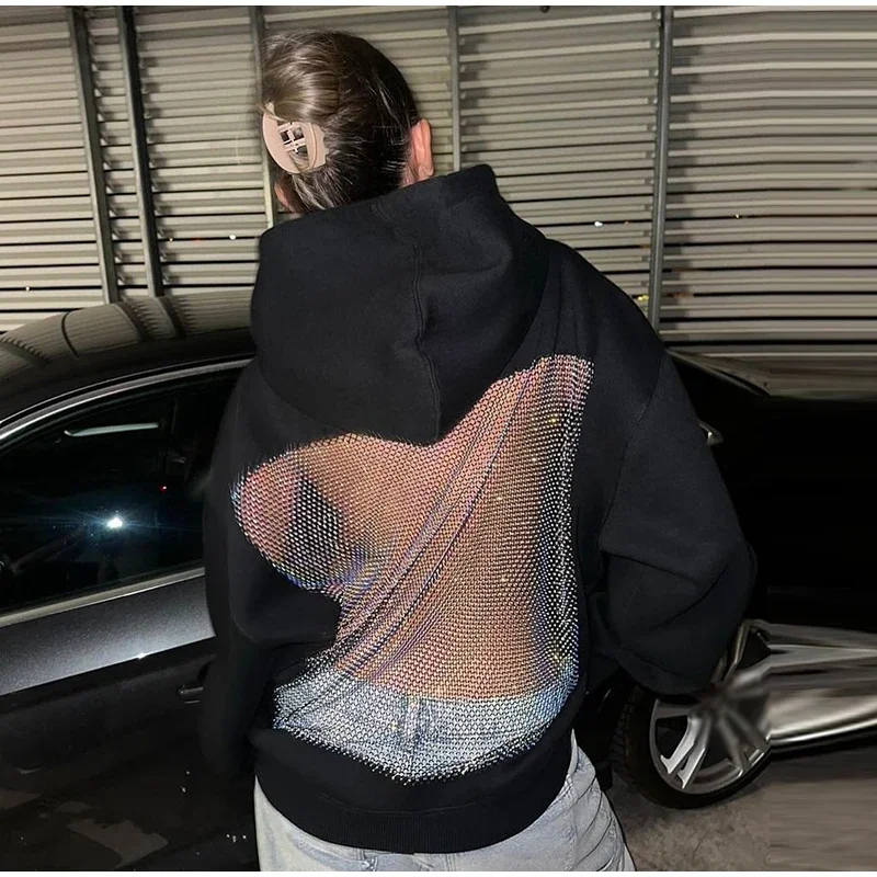 مثير القوطية شبكة عارية الذراعين هوديي المرأة شفافة المرقعة كم طويل شارع العليا البلوز الخريف الساخن الفتيات ملابس علوية