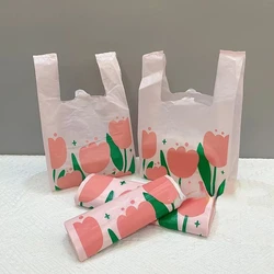 50Pcs Pink Tulip Clear Shopping Packaging Bag Plastic Cute Flower Gift Bags For Jewelry Candy Store Small Business Supermarket