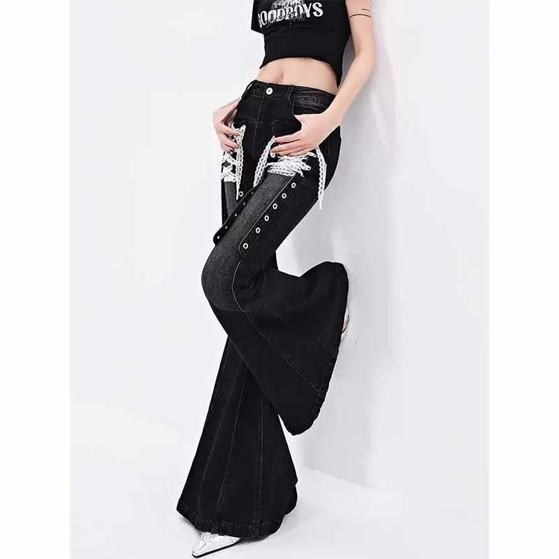 Vintage Gothic Black Flare Jeans Vrouwen Kant Bandage Goth Punk Slanke Denim Broek Streetwear Amerikaanse Retro Y2k Broek