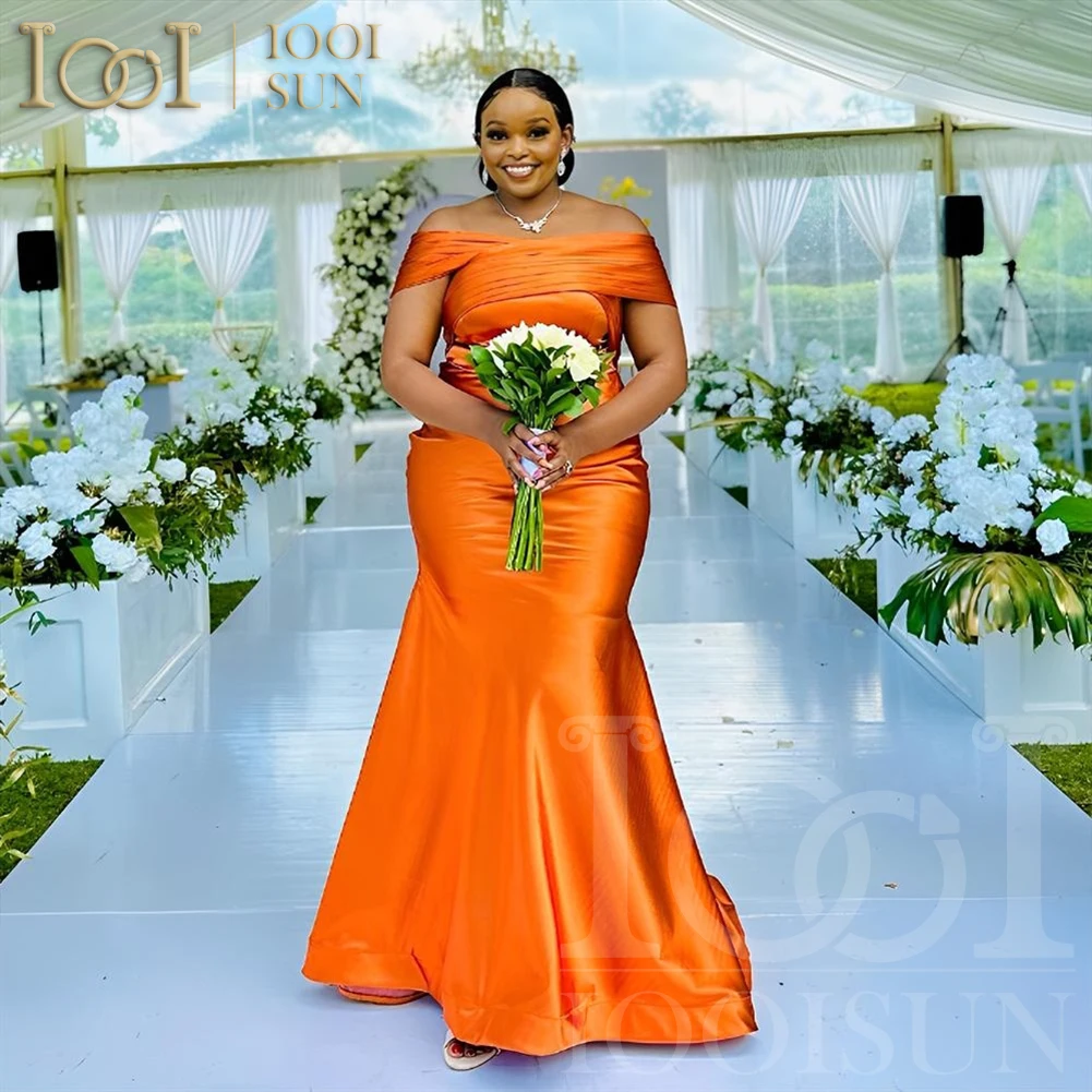 

IOOISUN Orange Satin Off-the-Shoulder Bridesmaid Dress Mermaid Style Formal Evening Gown Customizable Wedding Party Attire