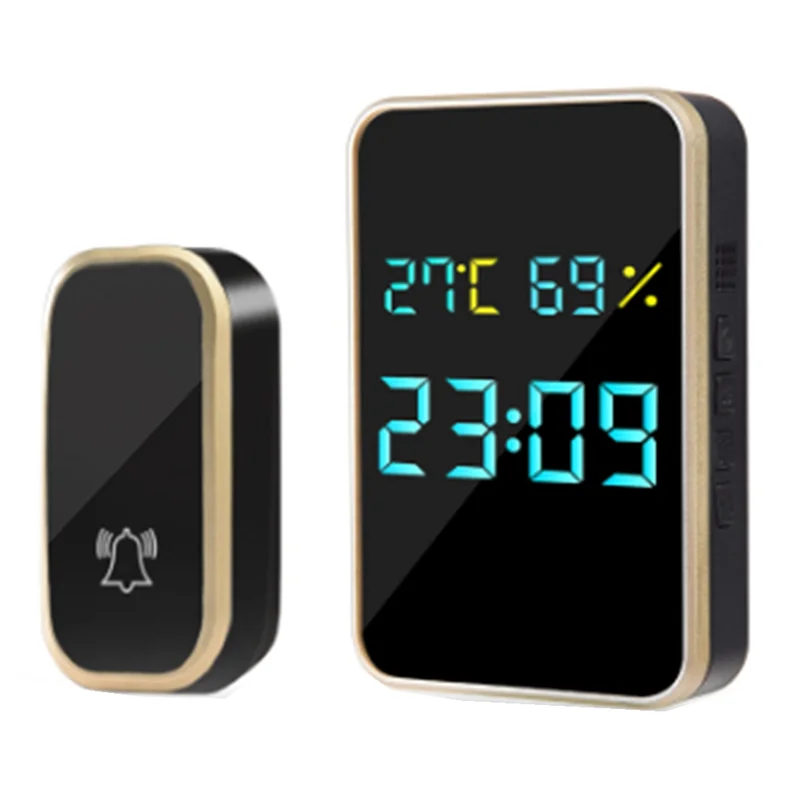 

ABRU-Wireless Doorbell No Battery Self Powered Door Bell Display Temperature Humidity Time 433Mhz US Plug