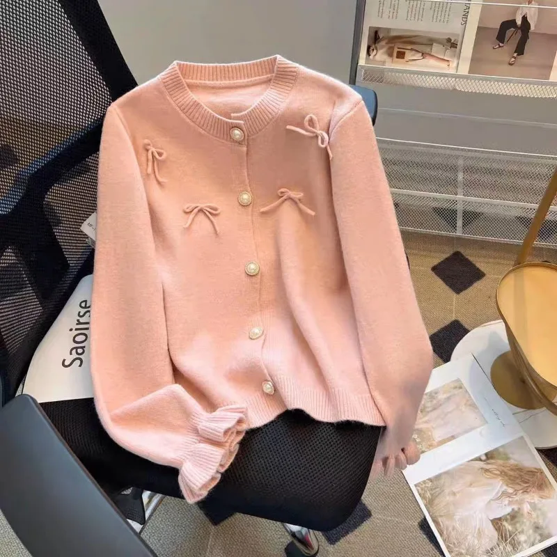 Autumn Winter Fashion Bow Solid Color Knitting Cardigan Sweater Coat Women Simplicity Office Lady All-match Trend Knitwear Tops