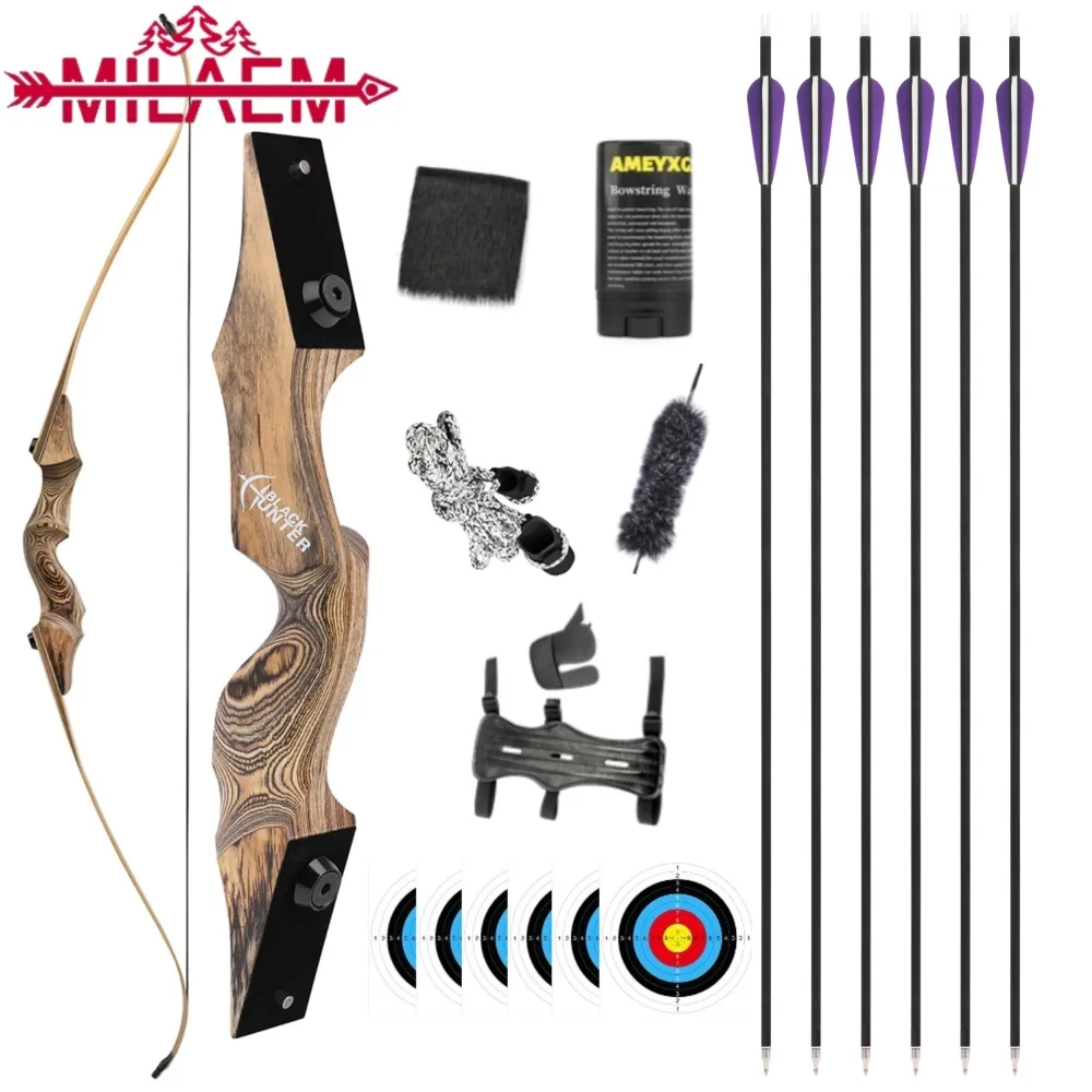 60'' BLACK HUNTER Archery Recurve Bow Set 20-60lbs Split Takedown Traditional Right Hand Bow Outdoor Sports Hunting Accessories