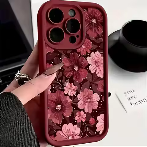 Elegant Red Floral Pattern Silicone Phone Case For Samsung Galaxy S25 Ultra S24 S23 S22 S21 S20 Plus FE A15 A35 A54 A55 Cover
