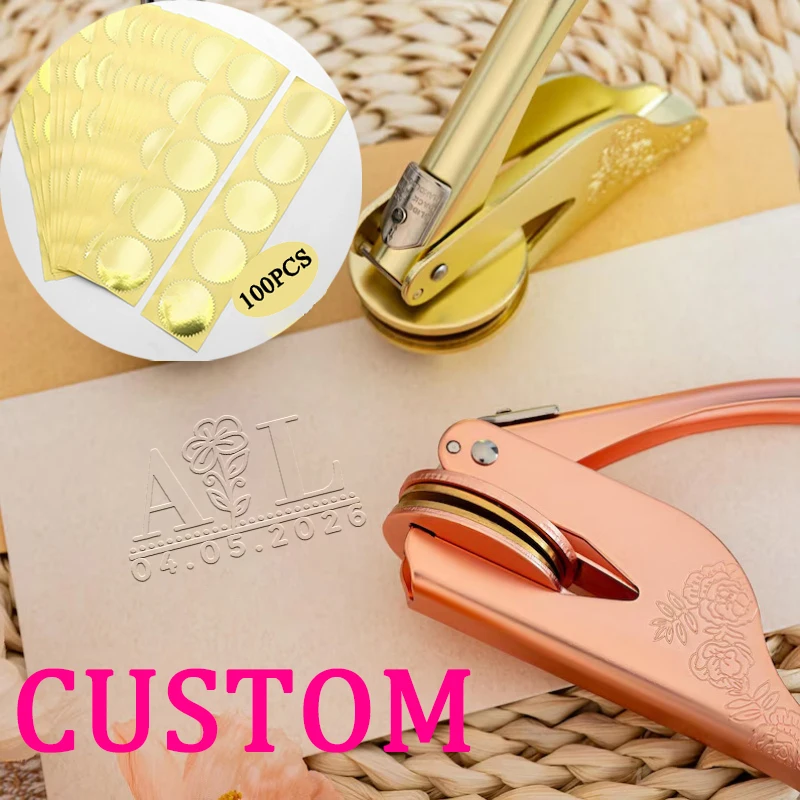 Personalized Book Embosser,100pcs Gold Stickers Kit Library Embosser Stamp,Ex-libris Embosser,Custom Book Embosser, Book Stamp