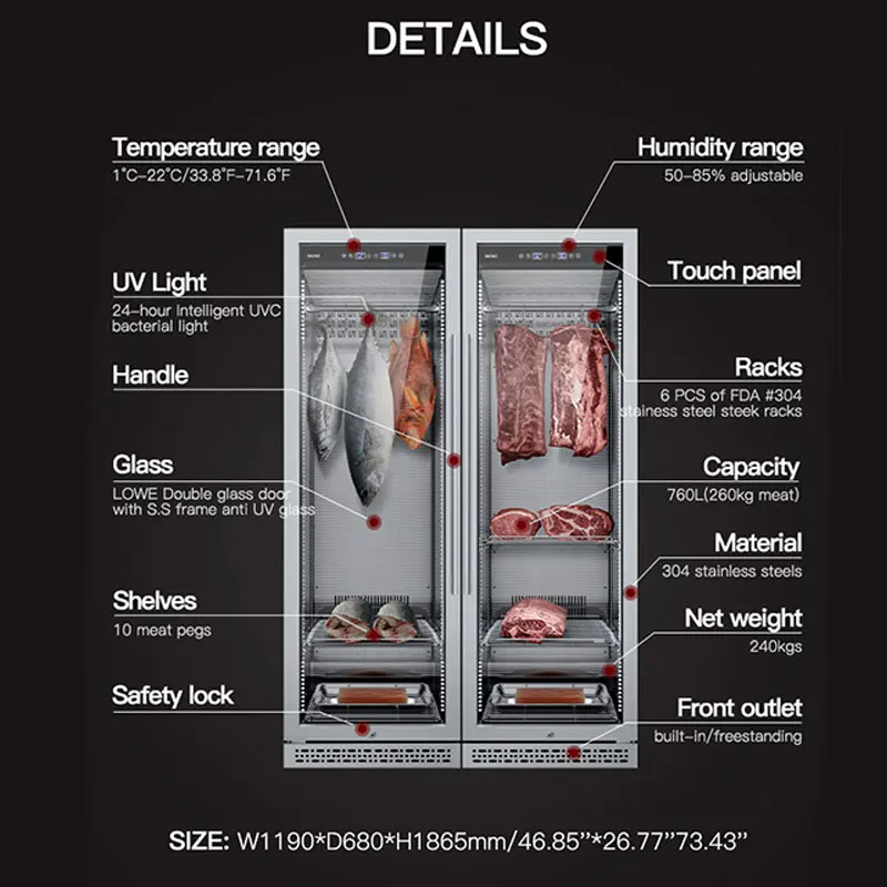 Enfriador de carne envejecido de polvo seco, refrigerador de carne, vitrina de exhibición de polvo seco de exhibición de refrigerador
