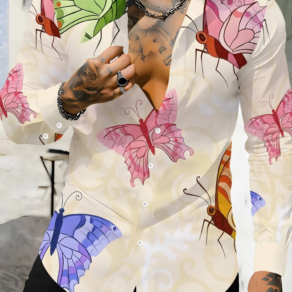 Men's plus Size Long Sleeved Shirt Butterfly Print Lapel Button up Street Fashion Business Casual Comfortable Soft