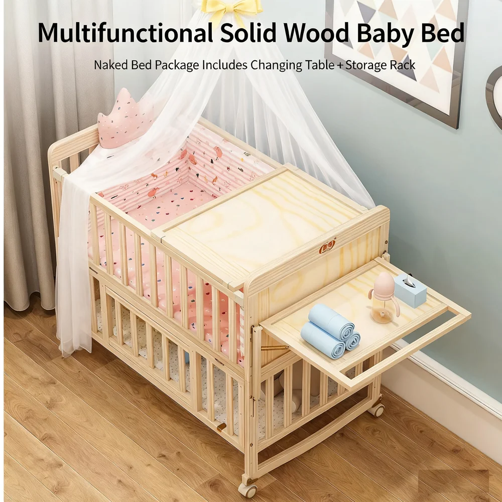 Multifunctional 5-in-1 Convertible Baby Crib - Eco-Friendly Pine Wood, Extendable, Rocker & Study Desk
