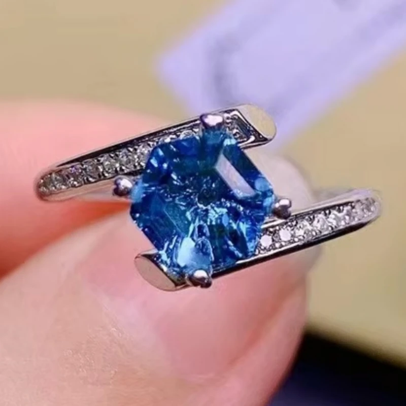 

925 pure silver Chinese style natural London blue topaz women's trendy popular hexagon adjustable gem ring fine jewelry support