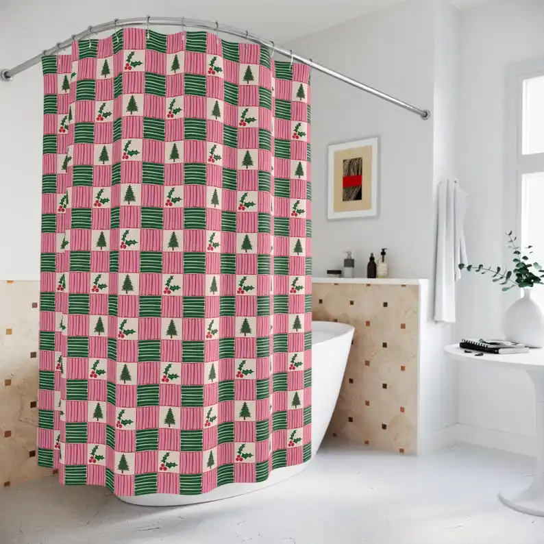 Boho Christmas Holiday Bathroom Decor Floral Pattern Fabric Shower Curtain Dopamine Aesthetic Cute Teen Girl Bedroom Bath Decoration Medieval Style Cute Home Decor