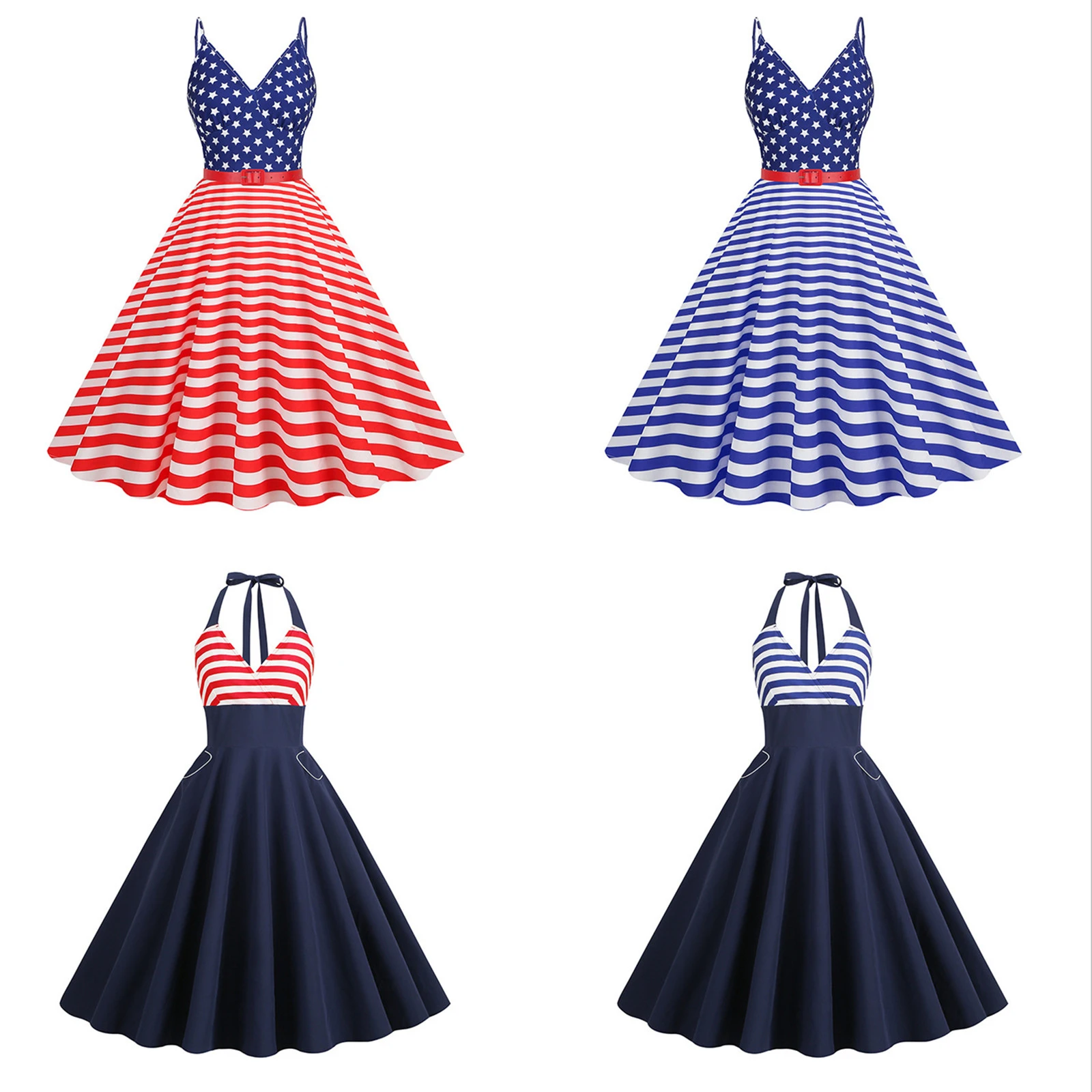 

4th Of July American Flag Dress Women Independence Day Star Flag Striped Printed Dress Sleeveless Off The Shoulder A-Line Dress