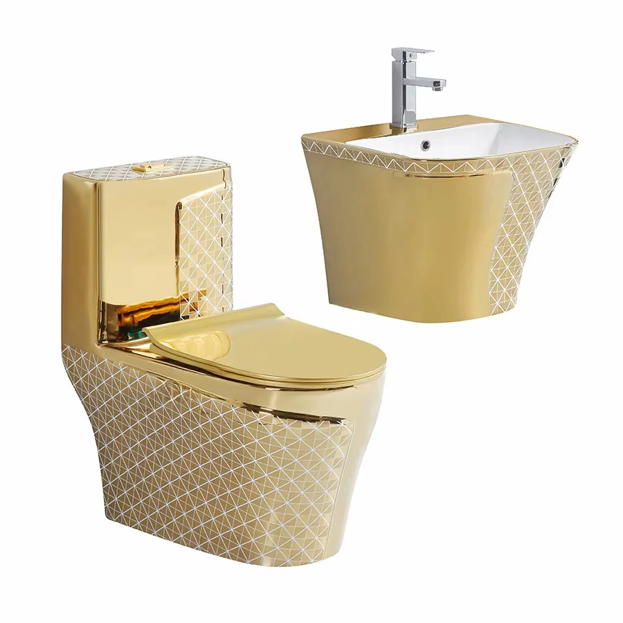 Gold Luxury Bathroom Sanitary Ware Suite Wc Integrated Ceramic Seat Potty Flush Toilet Gold Toilet with Base Sink Set