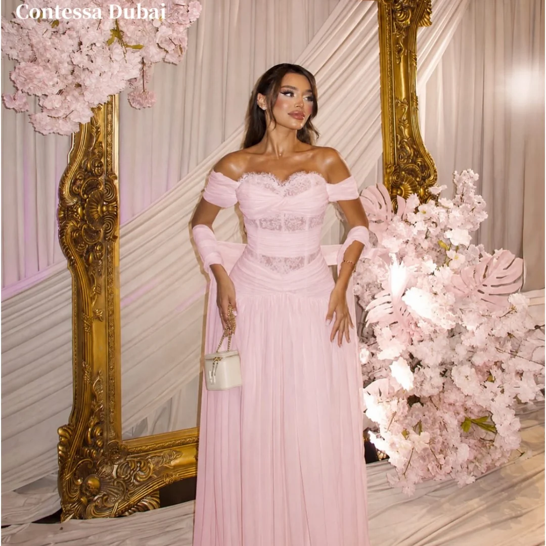 Contessa Custom Off The Shoulder Prom Dresses Lace Embroidery Vestidos De Noche Elegant Multilayer Pleats Formal Evening 2026