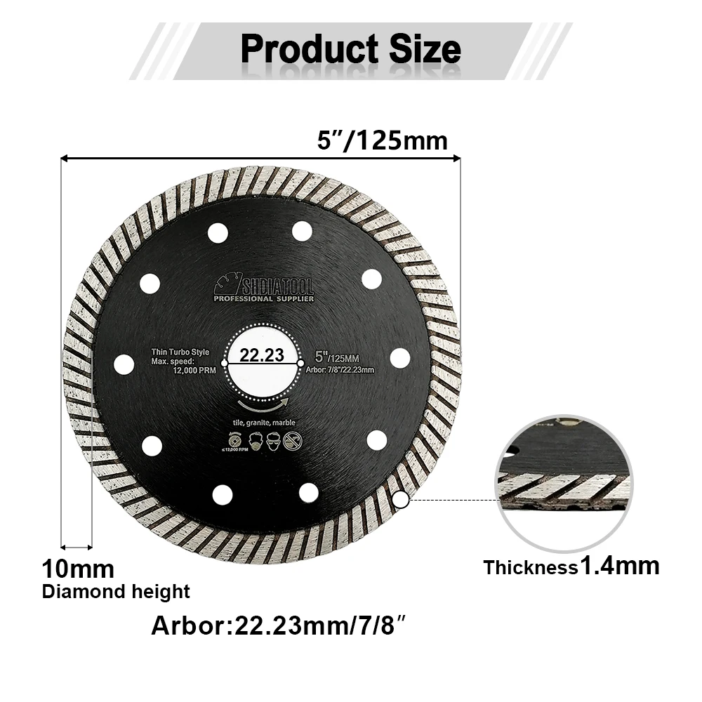 DIATOOL 5pcs 5 Inches Superthin Turbo discs with 10mm segment height for Cutting Hard Material Ceramic Tile Granite