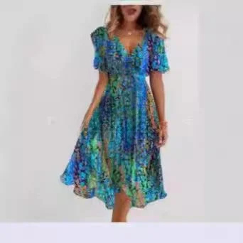 New 2025 Women's Loose Casual Comfortable V-ne Floral Print Dr Faionable A-line Skirt ort Sve round Ne Dr