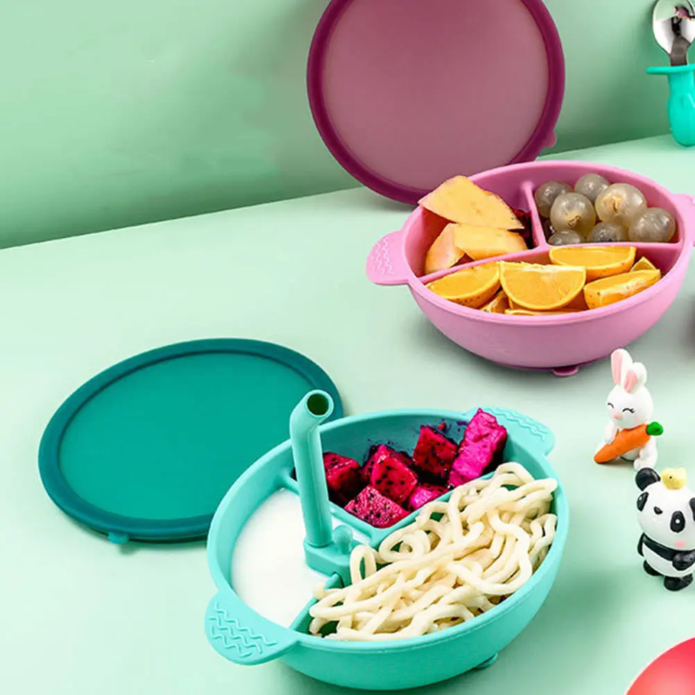 

1Set Baby Straw Design Eating Training Bowl Multi Grid Dual Handle Non Slip Strong Sucker Infant Food Bowl Baby Tableware