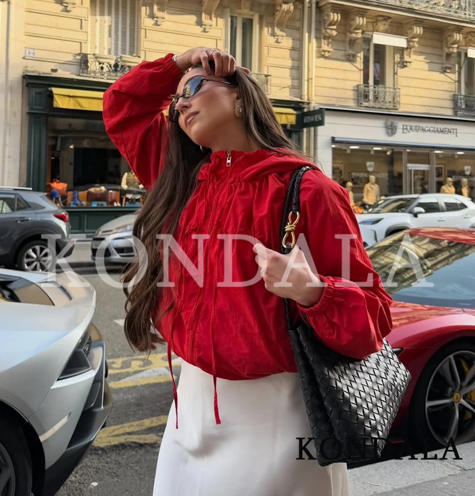 KONDALA Women Sports Hooded Jacket Bow Lace-up Zip-up Jacket 2026 Spring Summer Trends Casual High Street Jacket for Ladies