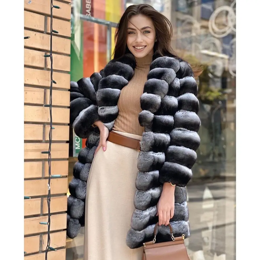 Fur Coat Women Natural Chinchilla Rex Rabbit Fur Coat Mid-Length Best Seller Warm Winter Jackets Female