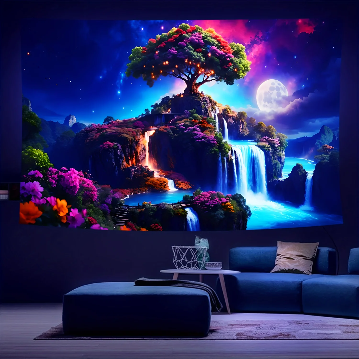 VIKAMA Enchanted Waterfall Tree Tapestry Fantasy Galaxy Landscape Wall Hanging with Moon & Stars for Living Room Aesthetic Decor
