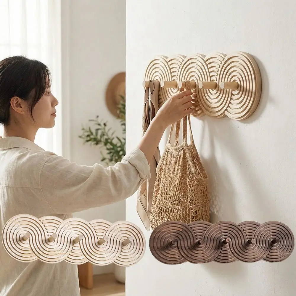 

5-Hook Key Storage Rack Bohemian Style Modern Wall-Mounted Organizer Wooden Space-Saving Umbrella Storage Shelf Interior Decor