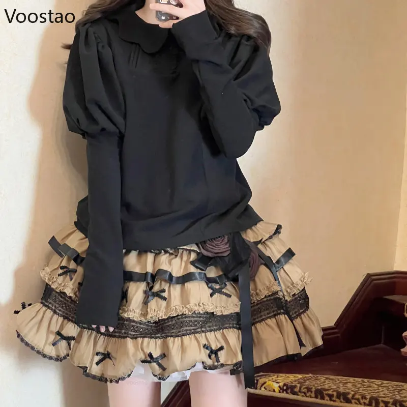 Sweet Lolita Style Cute Shirts Women Vintage Kawaii Puff Sleeve Blouses Peter Pan Collar Girls Gothic Inside Tops Blusas Mujer