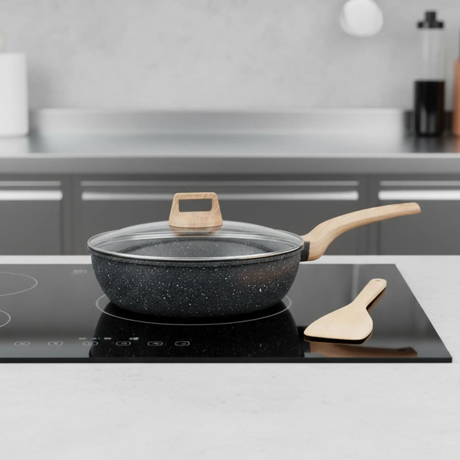 Nonstick Frying Pan for Home Kitchen Deep Skillet Cookware with Glass Cover Wooden Utensil for Stir Frying Searing