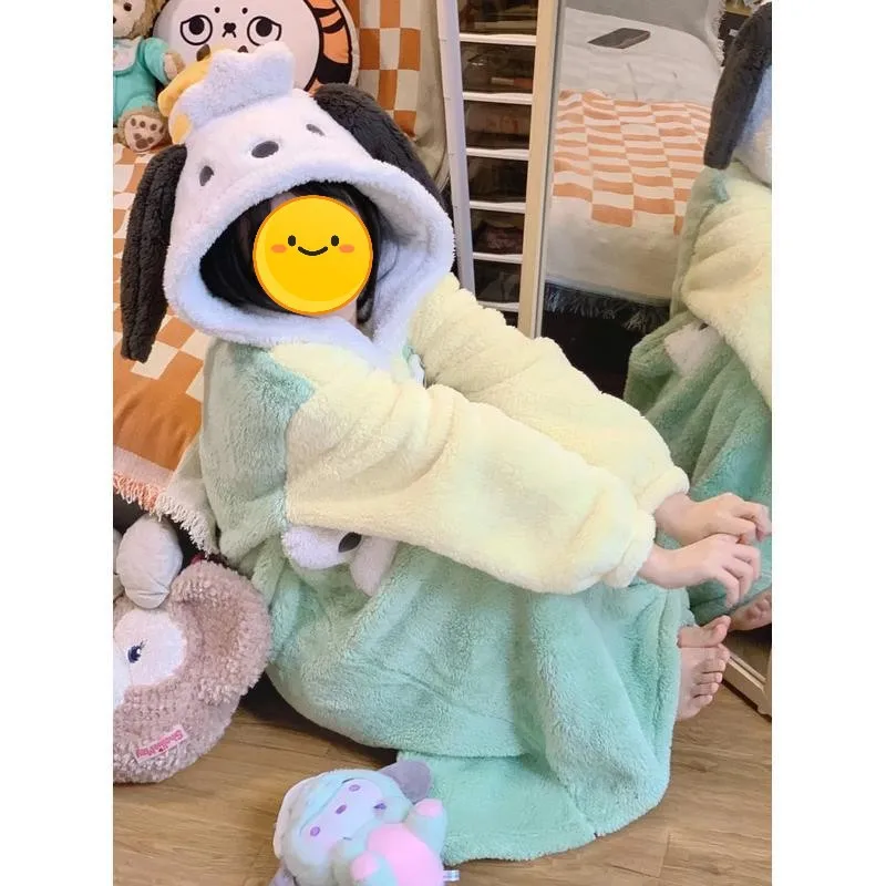 New Anime Pochacco Sanrio Kawaii Plush Pajama New Cute Winter Thickened Flannel Warm Homelike Hooded Bathrobe Set Birthday Gift