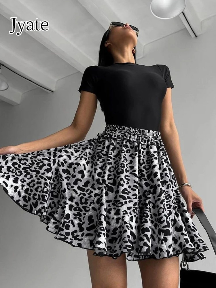 

Jyate 2024 Retro Fashion Leopard Print Mini Skirts Women Drape High Elastic Waist A-Line Skirts Autumn 2024 Office Ladies Jupe