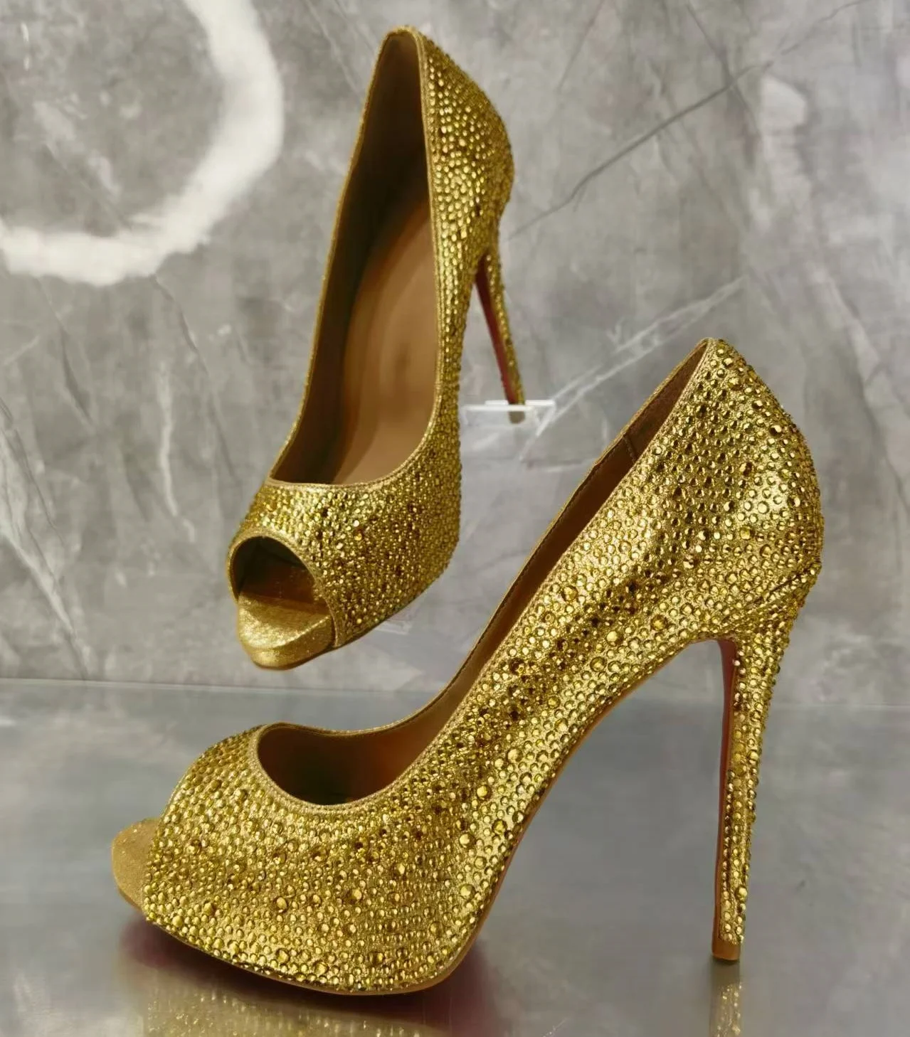 Gold Crystal Jeweled Embellished Peep Toe High Heel Pumps Women Full Diamond Slip On Stiletto Heel Party Dress Shoes Pumps