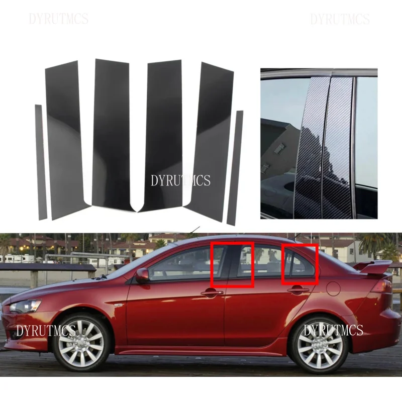

6PCS Glossy Black Pillar Post Silver Carbon Fit For Mitsubishi Lancer Sedan 2008-2017 Door Moulding Sticker Cover Window Trim