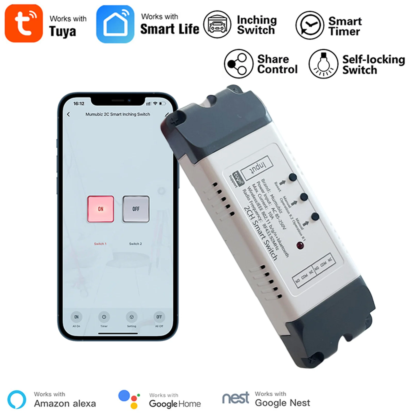 

Tuya Smart WiFi RF 2 Channel Switch 90-250V Dry Contact Relay InterLock/ Selflock/ Momentary Mode,Works with Alexa Google Home