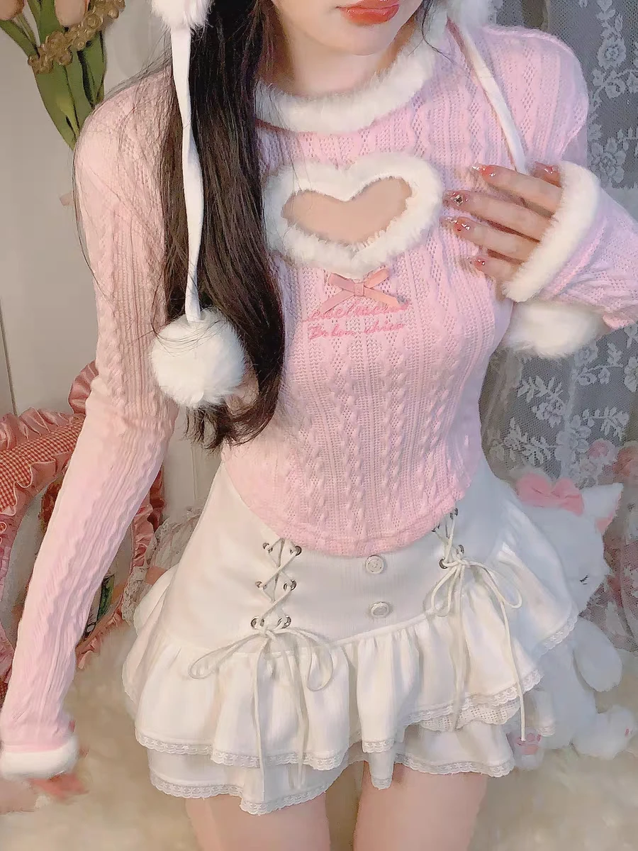 Heart Design White Pink Japanese Kawaii Lolita Blouse Cropped Hollowed Out Slim Knitted Long Sleeve Sweet Bandage Casual Shirt