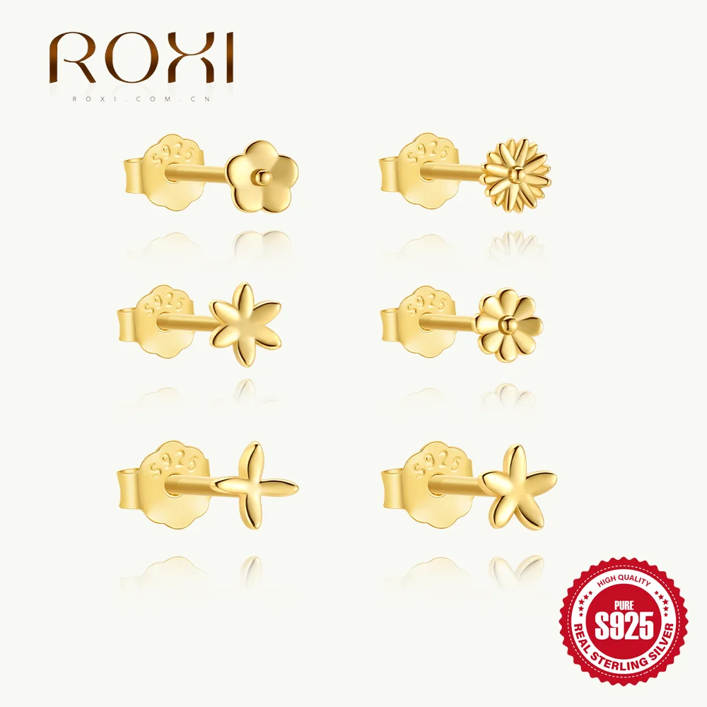 

ROXI 925 Sterling Silver Golden Asymmetry Style Shiny Flower Element For Women Dainty Cute Piercing Earrings Party Birthday Gift