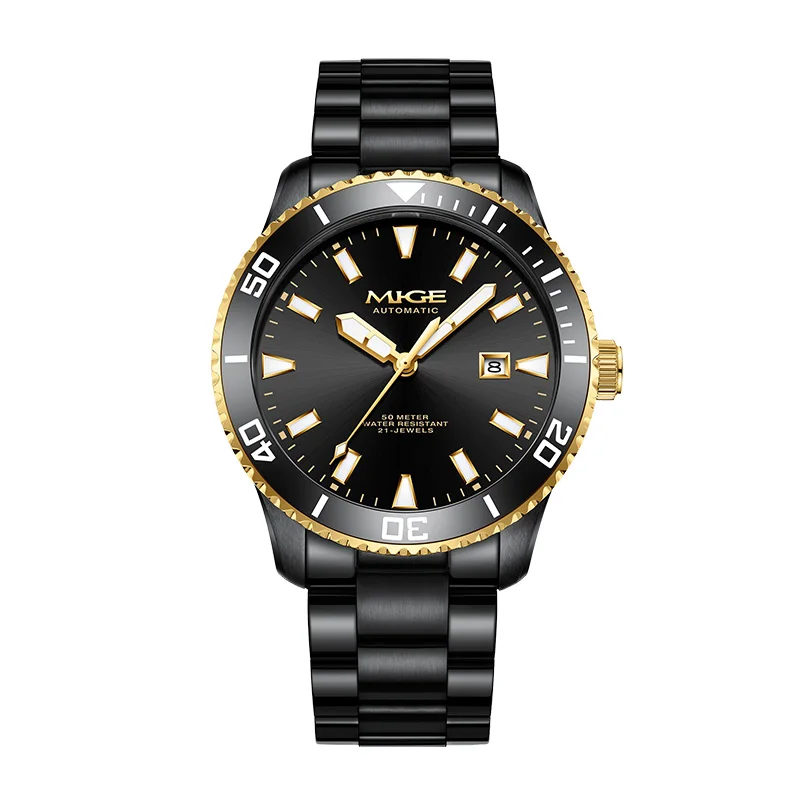 ساعات ماركة MIGE للرجال أوتوماتيكية ذاتية اللف للرجال، تقويم من الفولاذ المقاوم للصدأ، مقاومة للماء، ساعات يد ميكانيكية للرجال