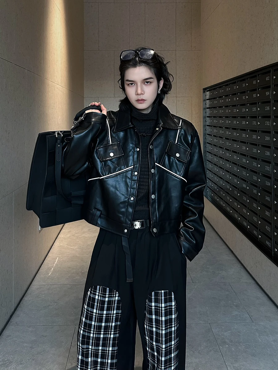 2025 Spring Autumn Line Design American Style Coats Male Contrast Color Faux Leather Jackets Casual Motorcycle Leather Jacket