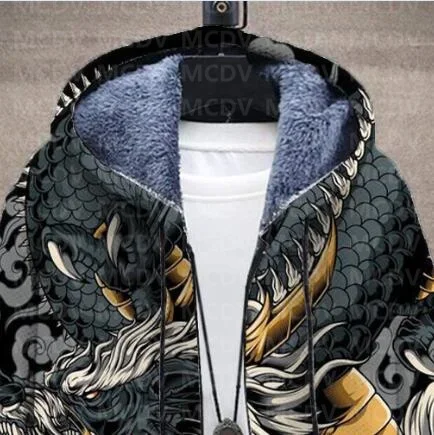 Men\'s Retro Print Plush Thick Long-Sleeved Coat Cardigan Dragon 3D Prined Fleece Hooded Overcoat Unisex Thick Warm Jacket