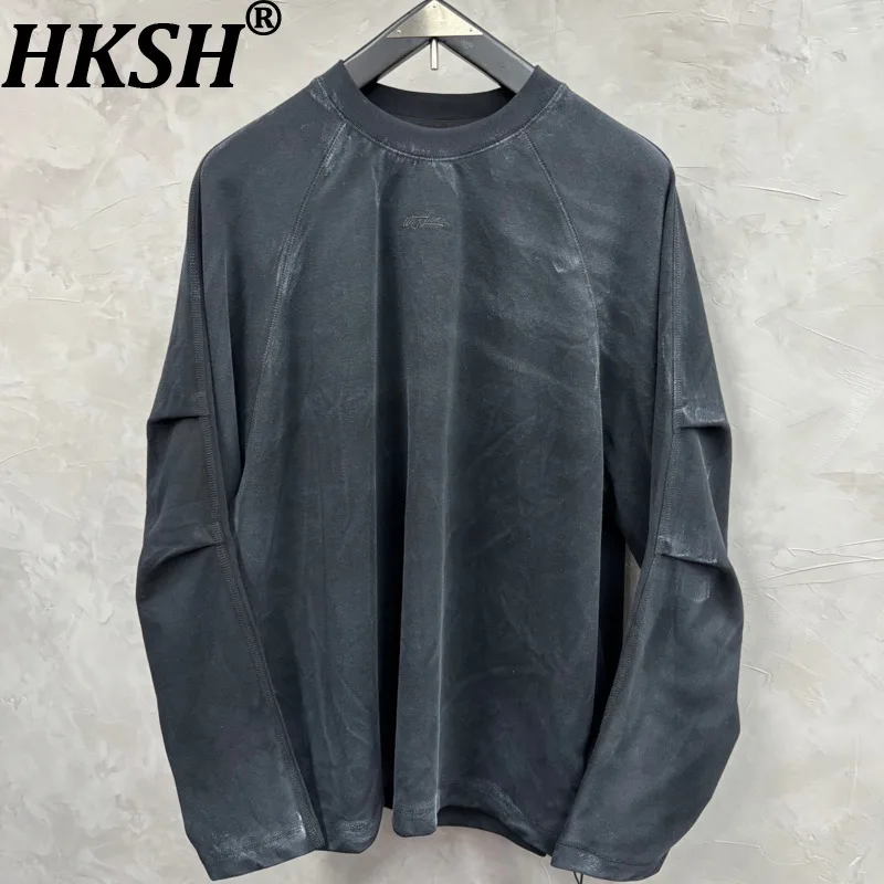 

HKSH Весенне-Осенняя новая мужская футболка Waste Land Washed Tie Dye с плиссированной вышивкой и длинными рукавами в стиле ретро, повседневные топы с круглым вырезом HK13979