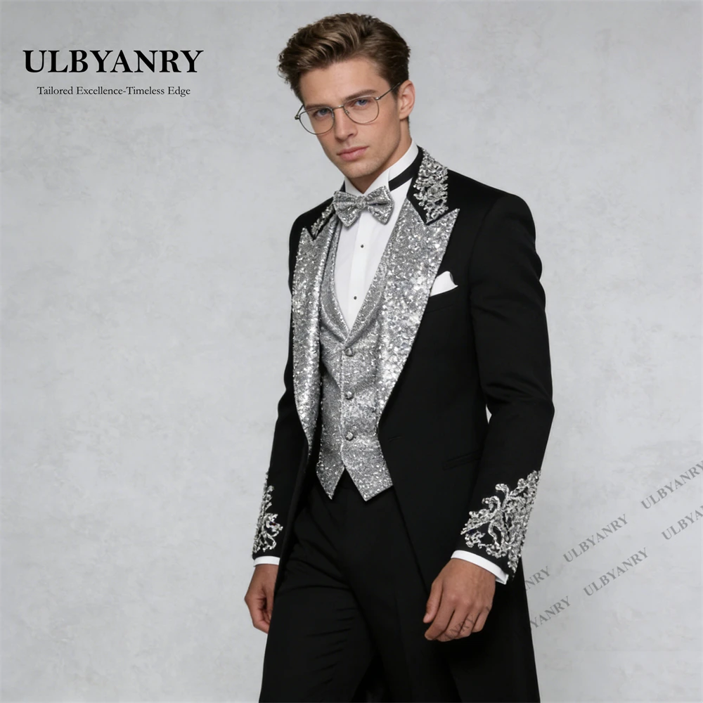 ULBYANRY Men's Black Silver Sequin Tailcoat Tuxedo for Wedding Prom Red Carpet Tailored Fitting Formal Suits, Three Pieces