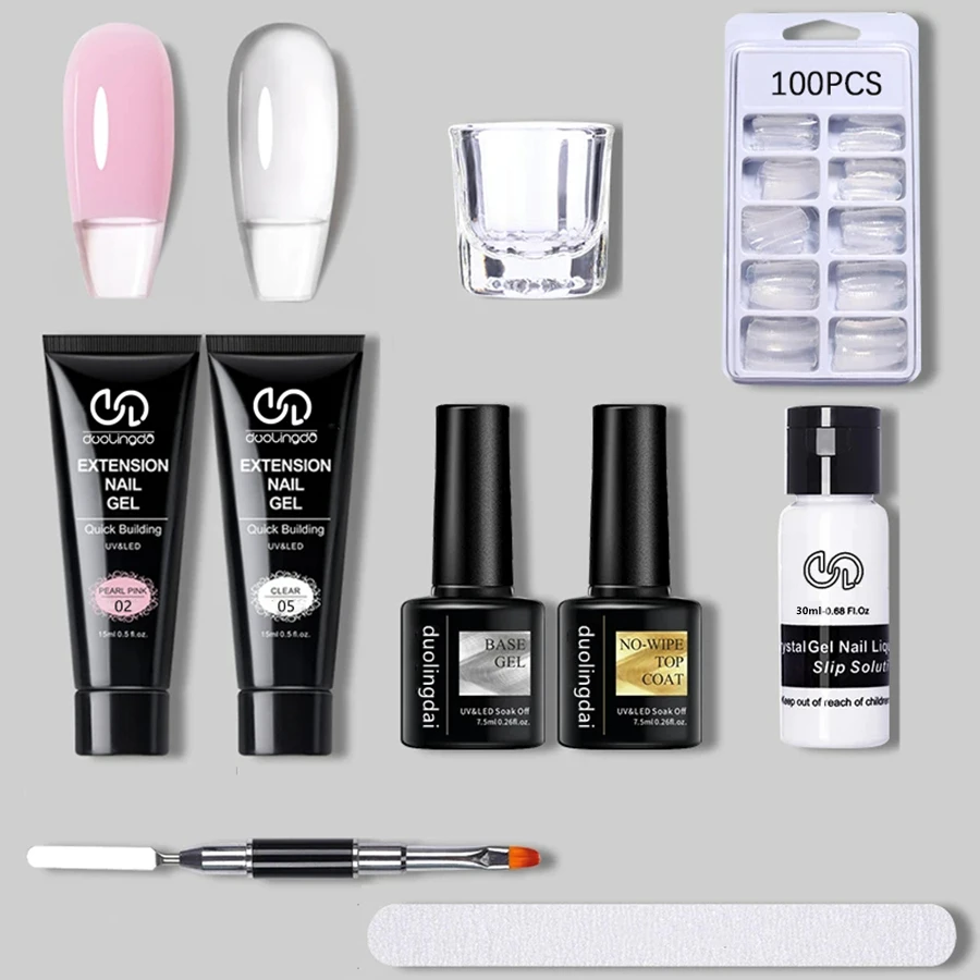 Doolingdai 2 Colors Poly Nail Extension Gel Kit with 100Pcs Dual Forms, 15ml Slip Solution Base Top Coat, Brush & Glass Cup, Quick Building UV LED Hard Gel for DIY Home Manicure, Beginner Kit