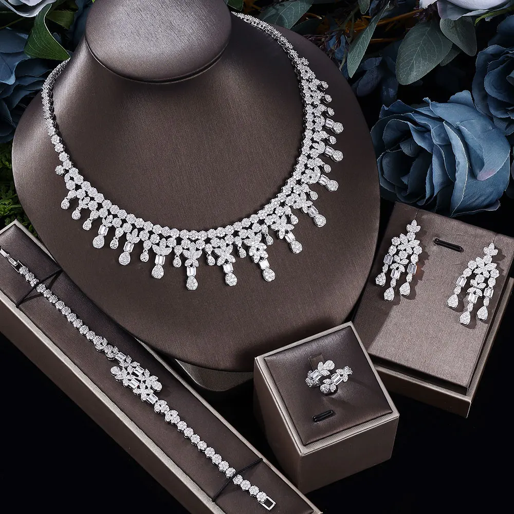 

Best Selling New Zirconia Tassel Styling Dubai Bridal Jewelry Set Dubai Fashion Women Wedding Party Accessories Design 4 Pieces