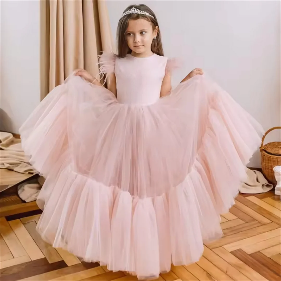 

Pink Flower Girl Dresses Tulle Applique Feather Sleeve For Wedding Birthday Banquet First Communion Gowns
