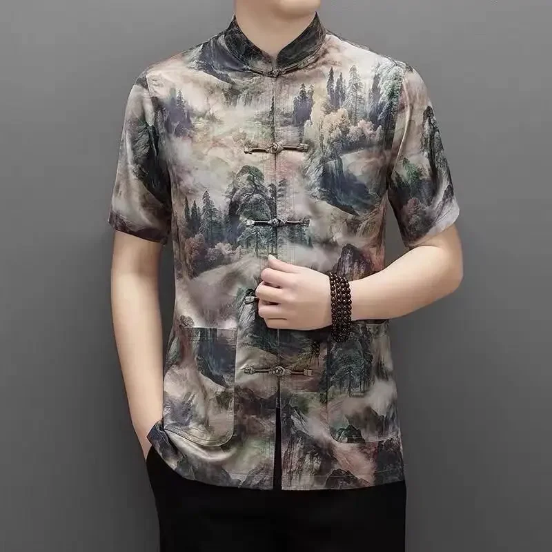 

Trendy Chinese Style Summer Men's Printing Stand Collar Single Breasted Pocket Fashion Loose Short Sleeve Shirt Tops ZL37