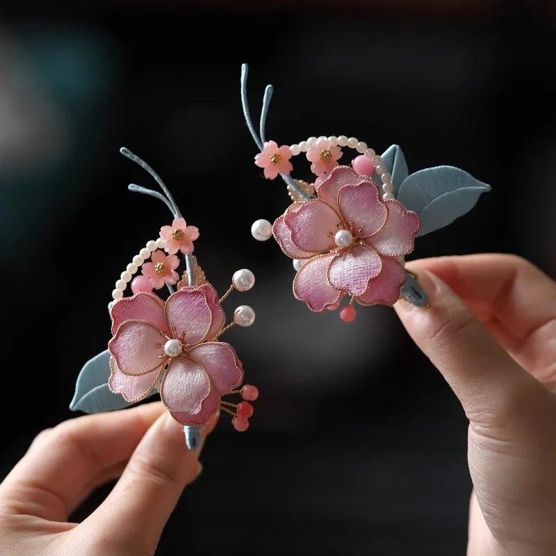 Antique disc hair headgear fairy beauty pink hairpin edge clip side back head Hanfu hair accessories super fairy cheongsam acces
